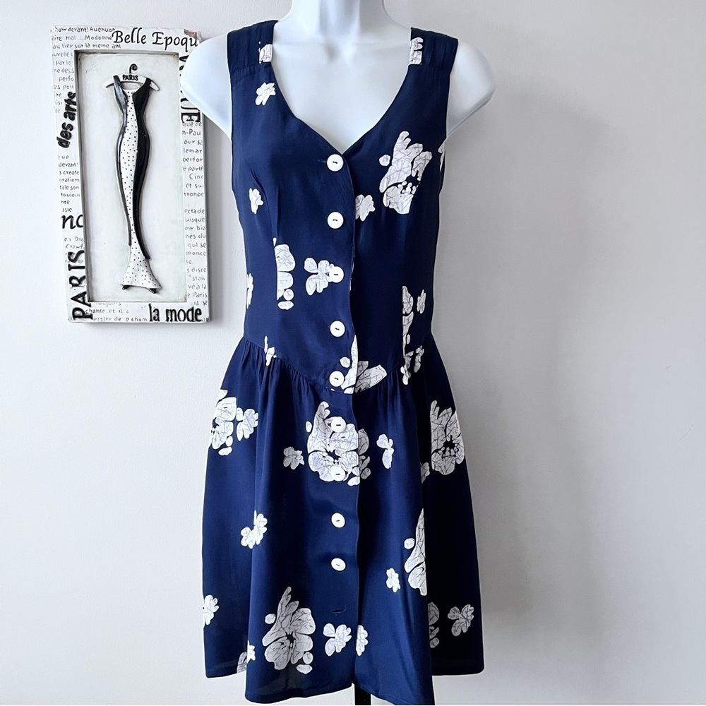 Vintage 90s Boysen’s Navy Blue Floral Button-Down Mini Dress Size S